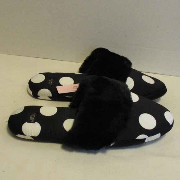 Victoria Secret NEW Woman Large (9-10) Black White Fuzzy Slippers With Case - Picture 5 of 9
